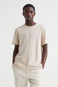 Regular Fit Linen-blend T-shirt - Light beige/white striped - Men | H&M US 1