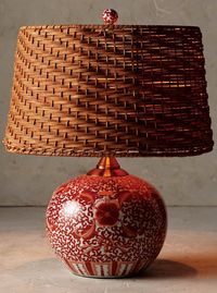 Based on our popular chinoiserie, these handcrafted lamps are handpainted with traditional Ming-inspired patterns and motifs in coral and white. Topped with a natural wicker shade, each wheel-thrown piece is an inspired, one-of-a-kind work of art.