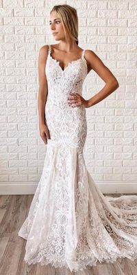 Unique Lace Wedding Dresses That Wow ★ unique lace wedding dresses fit and flare with spaghetti straps allure bridals  #bridalgown #weddingdress