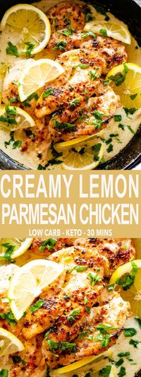 Creamy Lemon Parmesan Chicken - An easy, bright, and creamy one-pan recipe for chicken breasts cooked in a velvety lemon garlic sauce. This Creamy Lemon Parmesan Chicken is a company worthy dinner that you can have any day of the week. #chickenrecipes #chickenbreasts #ketorecipes #lowcarb #lemons via @diethood