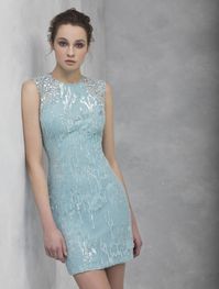 Fitted powder-blue embroidered tulle cocktail dress with silver crystals shoulders.