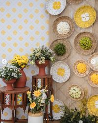 baskets on wall, vintage tiled tables, terracotta/ ceramic