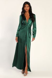 You're sure to feel beloved and beautiful from every angle when wearing the Lulus Endearing Elegance Emerald Green Satin Long Sleeve Maxi Dress! This elegant dress has a sleek satin construction that shapes a long sleeves, a plunging surplice neckline, and a fitted bodice with a pleated, twist-inspired detail at the center. The high, fitted waist falls to a stunning A-line maxi skirt with an alluring thigh-high slit at the center. Hidden back zipper/clasp.