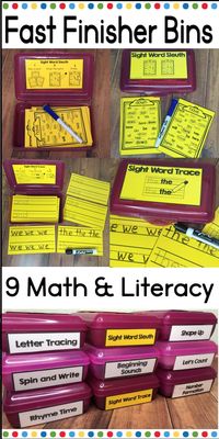 Teacher i'm Done, Early finisher Bins for Fast finishers. 18 bins for language arts and Math to keep your speedy kids busy working on skills while the rest of your class finishes. Your fast finishers can work on handwriting, number writing, rhyming, letter recognition, sight words, counting shapes and more. 9 literacy and math bins that fit into a pencil box.  Teacher love them See my ratings on TpT #fastfinishertubs