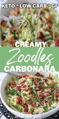 Making keto pasta carbonara with zucchini noodles is a quick 20 minute meal. With cream, cheese, and bacon, you'll love this easy low carb zoodle recipe for dinner.