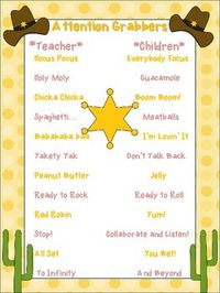 Fun and cute poster for teachers use or post for all to see as a reminder!Hocus Pocus                    Everybody FocusHoly Moly                             GuacamoleChicka Chicka                     Boom Boom!Spaghetti                           MeatballsBabababa baa                      Im Lovin ItYakety Yak                    Dont Talk BackPeanut Butter                         JellyReady to Rock                   Ready to RollRed Robin                    Yum!Stop!