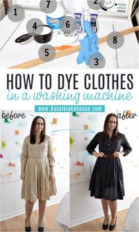 GREAT dyed clothes DIY tutorial with troubleshooting tips. Upcycle old clothes by dyeing them a fresh new color. DIY Dyed Dress: How to Dye Clothes in the Washing Machine. Learn how to dye clothes in the washing machine - instead of having to constantly stir clothes in a stove top pot, do it the easy way! Use this same tutorial for dyeing clothes black or any darker color than the original. Unused clothes dye best! Dyeing clothes is a great way to love your wardrobe again.