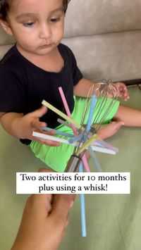 Two activities using a whisk! Baby y was 10 months when we did this activity, it’s an simple and easy set up for your little ones to improve their fine motor skills! All you need is some straws & Pom-Pom balls along with a whisk!! Follow @mummalearns for more such easy diy activities and more 🤩 #mummalearns #diyactivities #finemotorskills #babyactivities #babyactivitiesathome #activitiesforbabies #10monthsold #finemotoractivities #whisk #activitiesfortoddlers #montessoriactivity #simpleand