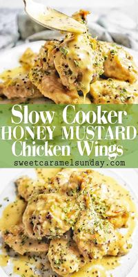 Honey Mustard Chicken Wings are creamy, easy and a Slow Cooker recipe. With a marinade that turns into a sauce making crockpot wings has never been SO EASY!! #slowcooker #crockpot #chickenwings #slowcookerwings #crockpotchickenwings #easyrecipes #slowcookerchicken #slowcookerchickenwings #chickenwingsrecipe #chickenrecipe #dinnerrecipe @sweetcaramelsunday