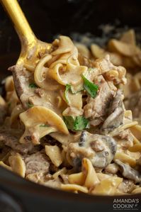 Easy crockpot beef stroganoff with tender beef strips, mushrooms, and egg noodles in a creamy, savory brown gravy all slow cooked to melt-in-your-mouth perfection.