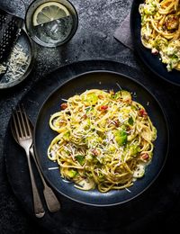 Pair earthy brussels sprouts with plenty of cream, pancetta, garlic, white wine and lemon for a genius spaghetti tea for two