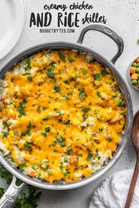 This easy one pot Creamy Chicken and Rice Skillet makes a comforting weeknight dinner during those long, dark winter months! Makes great leftovers, too! BudgetBytes.com