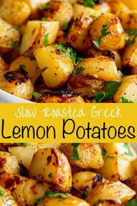 These authentic slow roasted Greek lemon potatoes are packed with delicious fresh zesty flavors of lemon, garlic, and oregano. They are so easy to make and are the perfect side dish for so many meals. An authentic greek recipe - the potatoes are cooked in broth, extra virgin olive oil, lemon juice, garlic, and oregano. The potatoes suck up all those flavors, to give you a potato that is amazingly tender on the inside, slightly crispy on the outside and so full of flavor!