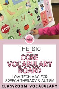 Are you looking to add structure, consistency, and fun to your speech therapy sessions? Download this Core Vocabulary resource today to discover how you can do more with less with this engaging resource. This research-based Big Core Classroom Vocabulary Board is based on the DLM Core Vocabulary. This list of words has been determined to be useful for communicating in social and academic contexts! #corevocabulary #speechtherapy