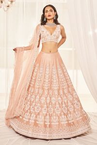 Buy Pink Dupion Silk Embroidered Poth V Neck Pearls Bridal Lehenga Set For Women by Disha Muchhala Online at Aza Fashions.