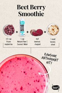 Give yourself a #rawsome antioxidant hit with our super yum Beet Berry Smoothie. 💥•1/2 cup frozen raspberries • 1/2 beetroot, chopped • 1 small banana • 1 cup Raw C Coconut water. Pop all ingredients into your blender, blitz and enjoy! #rawc #coconutwater #smoothierecipe #veganfriendly