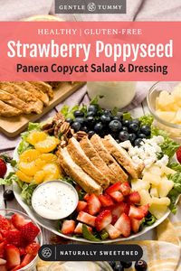 This is the best-tasting strawberry poppyseed salad recipe, inspired by the Panera Bread strawberry salad. The healthy, creamy poppyseed salad dressing is high in protein with cottage cheese, pan-seared chicken, honey, orange juice, and avocado oil. This Panera copycat recipe is a healthy summer salad with fresh fruit, including pineapple, strawberries, and blueberries. It's a healthy chicken salad or healthy dinner you'll be proud to serve for any special occasion, including Easter, Mother's Day, or bridal showers. Click the link for the full recipe, and be sure to pin this to your Chicken Dinner Ideas and Healthy Dinner Recipes boards.