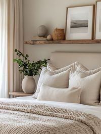 Revamp your bedroom with cozy, neutral tones and natural accents. This home bedroom refresh highlights calming beige hues, soft textures, and greenery for a serene space. Add woven baskets and framed art for a complete fresh look. #HomeDecor #InteriorDesign #BedroomRefresh