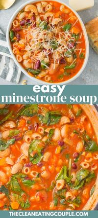 Easy Minestrone Soup is the perfect cozy, healthy dinner! Vegetarian, gluten free, and vegan - it's delicious and done in under 30 minutes! Make it in your crockpot, instant pot or on the stove - this simple, quick soup is one you'll absolutely love! Way better than Olive Garden. Keep it vegan or make it with meat by adding ground beef, sausage or turkey!