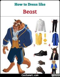 The Beast costume is a nice blue Victorian jacket, yellow paisley vest, and black dress pants for his famous ballroom dance with Belle.             #Male #Female #male #movies #Disney #female #BeautyandtheBeast #couple #Victorian #prince #princess