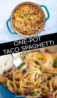 This One-Pot Taco Spaghetti Recipe is a vegetarian meal that the whole family will love! Easy to make in one-pot this tex-mex spin on everyone's favorite pasta dish includes black beans, pantry items, and creamy cheese!