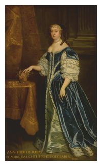 PORTRAIT OF ANNE HYDE, DUCHESS OF YORK AND ALBANY (1637-1671), FULL-LENGTH, IN A BLUE GOWN TRIMMED WITH ERMINE, STANDING BEFORE A GOLD CURTAIN WITH HER CROWN ON A TABLE