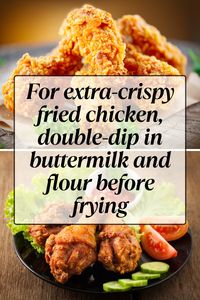 🍗 Get Extra-Crispy Fried Chicken! 🍗  Want that perfect crunch in your fried chicken? Double-dip in buttermilk and flour before frying for a golden, crispy coating that’s irresistibly crunchy outside and juicy inside. 🥛🍞 This simple trick ensures your homemade fried chicken rivals any restaurant’s! Perfect for family dinners or weekend treats, this method will make your chicken a hit every time. 🍽️  🔍 #FriedChickenTips #CrispyChicken #CookingHacks #ButtermilkFriedChicken #KitchenSecrets #ComfortFood  📌 Save this pin to master extra-crispy fried chicken and impress at the table!