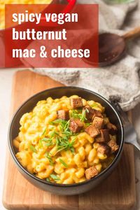 Macaroni is drenched in silky dairy-free butternut sauce spiked with spicy cayenne pepper to make this rich and creamy vegan butternut squash mac and cheese! #veganrecipe #dairyfree #butternutsquash