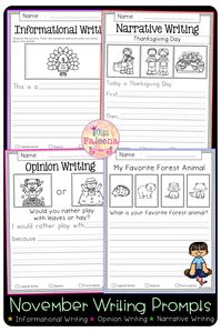 November Writing Prompts contains 60 pages of writing prompts worksheets. This product is suitable for kindergarten and first grade students. Students are encouraged to use thinking skills while improving their writing skills. These pages can be used for morning work, literacy centers, and writing centers. Kindergarten | First Grade | Informational Writing Prompts | Opinion Writing Prompts | Narrative Writing Prompts | Writing Prompts Literacy Centers | Fall Writing Prompts