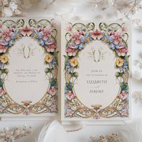 This invitation is a true celebration of Art Nouveau charm, featuring a botanical bliss theme that would appeal to lovers of timeless elegance. The design blooms with a garden of flowers in soft pastel hues of pink, periwinkle blue, and buttery yellow, accented with deep greens. Flourishes of gold add a gentle shimmer, framing the delicate flowers that seem to grow along the curved lines typical of the Art Nouveau style. This invitation captures the essence of natural forms in an artistic layout