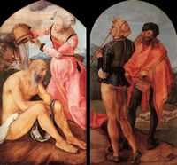 outer wings closing a presumed triptych/polyptych painted by Durer (c.1504) -- (left wing) Job on his dungheap, his wife pouring water over him; (right wing) musicians 'comforting' him!