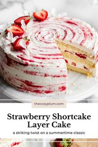 This Strawberry Shortcake Layer Cake is made with a fluffy vanilla sponge cake, strawberry simple syrup, fresh strawberries and lightly sweetened whipped cream. All layered together to produce a striking version of a summertime classic. Make this into a 2-layer cake or 3-layer cake based on your preference!