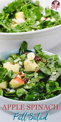 In the fall, the salad flavors are full of apples, cranberries, and a variety of nuts. Apple spinach salad is a sweet and savory mixture of spinach, apples, pecans, cranberries, and feta cheese finished with a maple Dijon vinaigrette. This salad is also perfect topped with chicken and bacon.