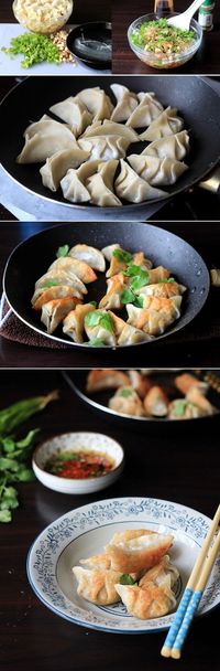 Vegan pot stickers with fried eggplants, mung bean noodles and mushrooms.