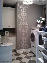 Laundry room accent wall stenciled with Modern Masters Metallic Paints | By My Sister & I