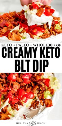 This Keto BLT Dip has all the amazing flavors of a real BLT. It's base is a dairy free mixture of cream cheese and sour cream and topped with lettuce, tomatoes and crumbled bacon. Use cucumbers for dipping! Keto, Paleo, DF and Whole30.