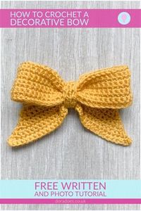 Free crochet pattern - Includes a written picture tutorial showing how to create this simple decorative bow. Here are some crafty ideas on how to style your bow: Use it as a hair accessory by attaching it to a clip, add it to a seasonal wreath or add some extra handmade love to your gifts for peak gift wrapping! This is a quick and easy, beginner friendly crochet bow pattern. The tutorial includes guidance on how to adjust it for any size and yarn.