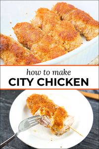 My mom's city chicken recipe was a family favorite growing up. It's an easy to make weeknight meal.  The crazy thing is that it doesn't have any chicken in it! Check out the comments for other peoples comments on their family's city chicken recipes.