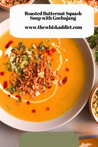 This roasted butternut squash soup is a cozy delight for chilly days, warm, creamy, and bursting with autumn flavors. This recipe highlights the natural sweetness of butternut squash, enhanced by roasting and balanced with savory spices and creamy textures. I am using gochujang, tahini, and white miso to enhance the flavors of this soup recipe. It is creamy, and warm with a kick of spice perfectly complimenting the natural sweet flavors of Butternut Squash.