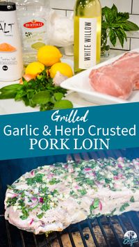 Garlic and Herb Crusted Grilled Pork Loin uses fresh herbs, garlic, and onions with simple wine, lemon juice, and oil marinade then grilled to juicy pork loin perfection. In the summer I can get tons of flavor from my herb garden landscape to make a juicy herb crusted grilled pork loin.