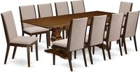 Elevate your dining experience with this stylish 11pc set. Perfect for gatherings, it includes a walnut table (42x92") with removable leaf & 10 light tan linen parsons chairs. Enhance your home décor today!