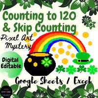 No Prep Interactive Math Game - DIGITAL St. Patrick's Day & March activity - Counting sequence to 120 - EDITABLE in Google Sheets/ Excel. It is a perfect spring activity for Kindergarten, 1st Grade and 2nd Grade, distance learning, morning work, math centers, early finishers, substitutes, and homework. This is a self-checking activity. If your answer is correct, a Mystery Picture will show up. If the answer is incorrect, the answer will turn red and a black cat will come.