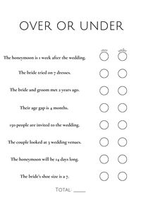 Over/under bridal shower game. Customizable to change any of the statements or numbers.