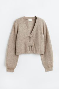 Rhinestone-bow Rib-knit Cardigan - Taupe - Ladies | H&M US