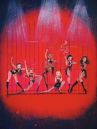 The six merry murderesses inspired by my love for the cell block tango sequence from Chicago. This is a fine art print from an original gouache painting. Choose from three sizes- 5x7, 8x10 or 11x14 inches. Each print is safely enclosed with a stiff recycled backing board and plastic sleeve.