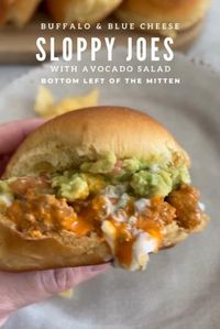 These buffalo sloppy joes are topped with blue cheese dressing, crumbled blue cheese, and a simple avocado salad. #groundturkey #easymeals #sloppyjoes