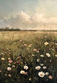 A painting of a dense wildflower field in light sky-blue and dark beige tones, inspired by the style of William Langson Lathrop. Captivating rural landscapes and a richly textured composition evoke a sense of timeless pastoral beauty.  Click on the link to check out the canvas product.