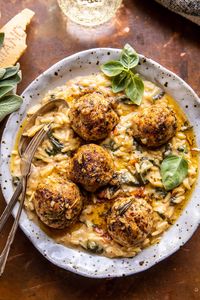 Crockpot Garlic Butter Chicken Meatballs with Creamy Orzo | halfbakedharvest.com