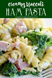 Super easy creamy ham broccoli pasta. A perfect easy dinner recipe for busy nights, and a great way to use up leftover ham! #pasta #broccolipasta #leftoverham