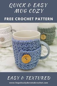 An incredibly easy and beginner-friendly Mug Cozy crochet pattern made out of only one stitch, the single crochet!! These mug cozies are adorable and whip up in a matter of hours! Click to get the free pattern right now!